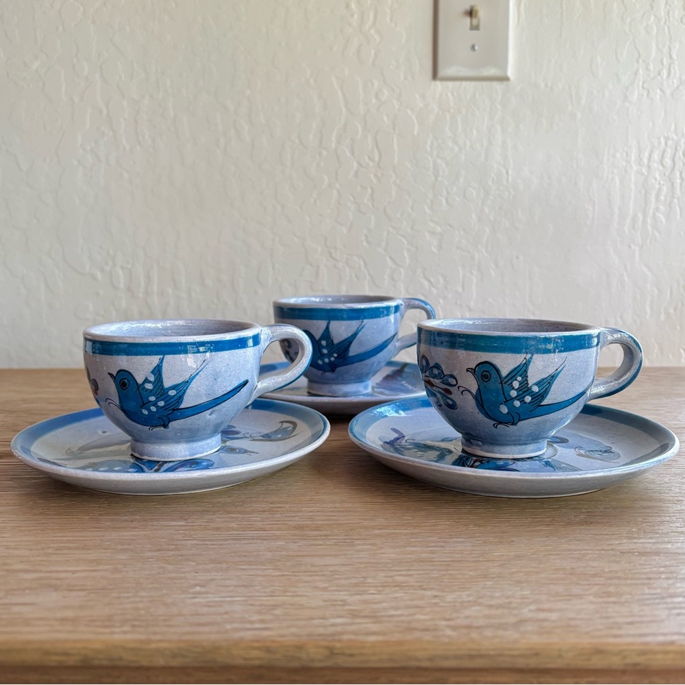 Artist Signed Tonala Blue & Grey Mexican Folk Art Tea Cup and Saucer Set of 3